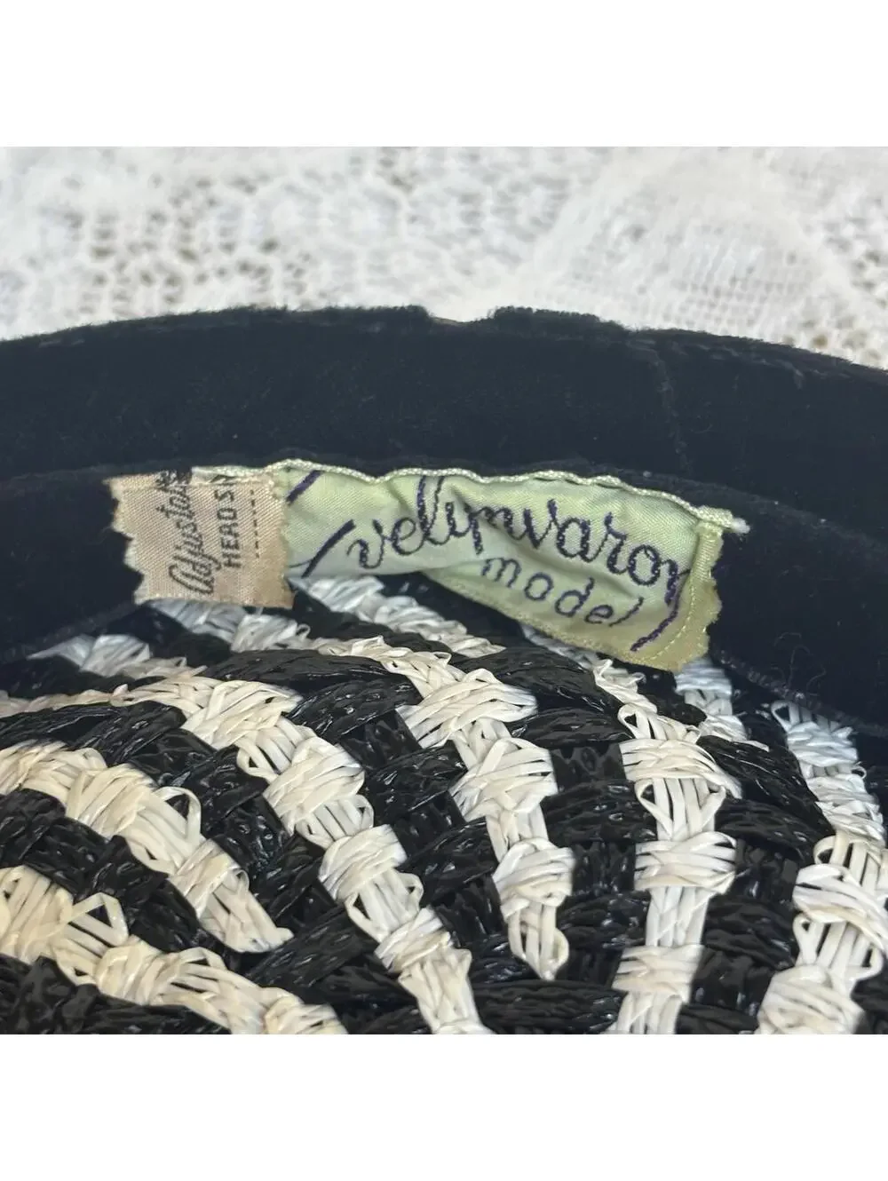 Vintage Woven Hatbox Purse Black White Straw Zelmaron 1950s